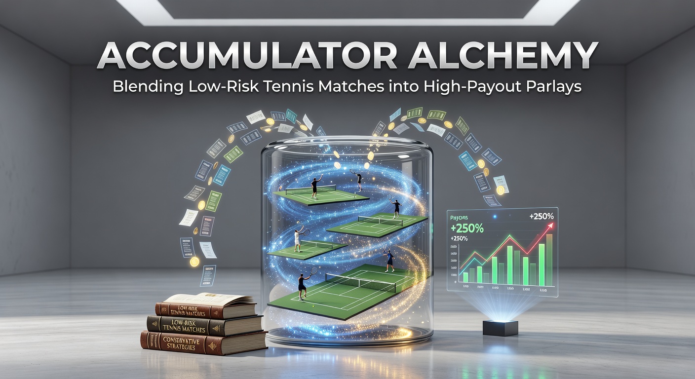 Tennisspieler bei einem Akkumulator-Wett-Beispiel auf dem Court, mit Quotenübersicht im Hintergrund