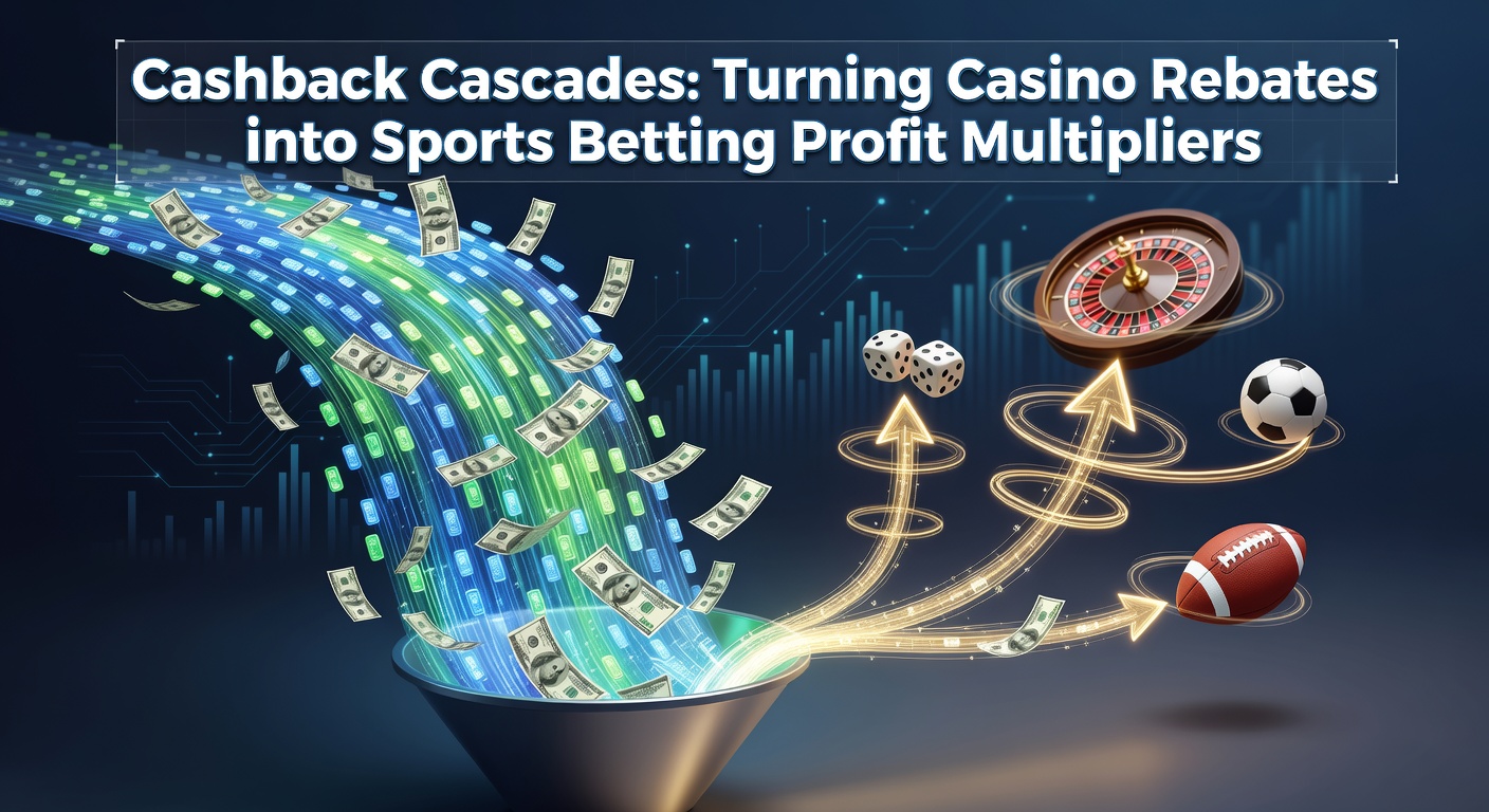 Grafik zeigt eine Kaskade von Münzen, die von Casino-Slots zu Sportwetten-Symbolen übergehen, symbolisierend den Transfer von Cashback zu Wetten