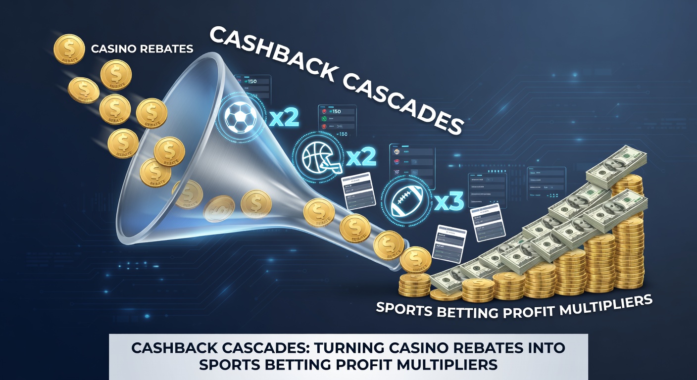 Diagramm einer Cashback-Kaskade mit Pfeilen von Casino-Verlusten zu Sportwetten-Gewinnen und zurück, inklusive Prozentzahlen und Quoten-Beispielen