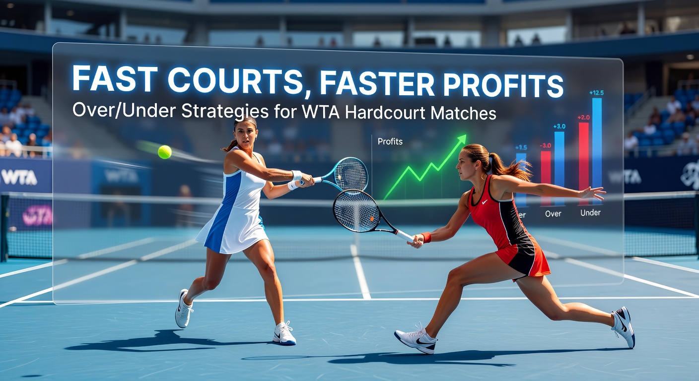 WTA-Spielerin serviert auf schnellem Hartplatz-Court bei einem Turnier unter strahlendem Sonnenschein, mit Fokus auf die hohe Ballgeschwindigkeit