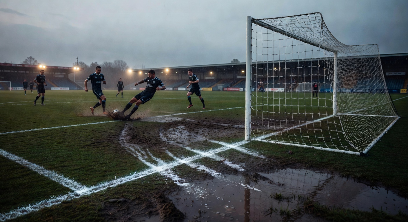 Fußballspieler in strömendem Regen, Ball rollt über nassen Rasen